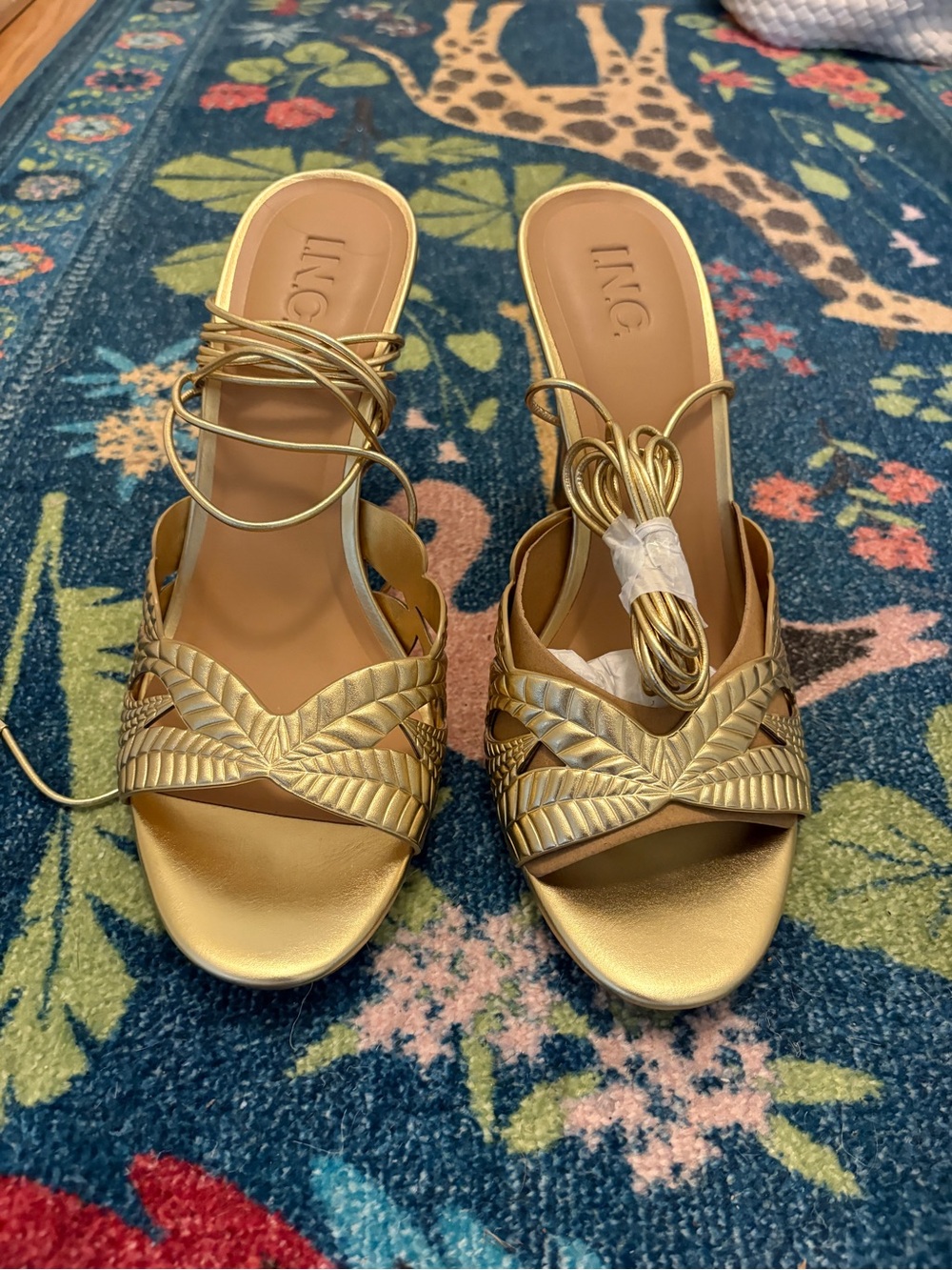 INC International Concepts Metallic Gold Braided Wrap Heel Sandals